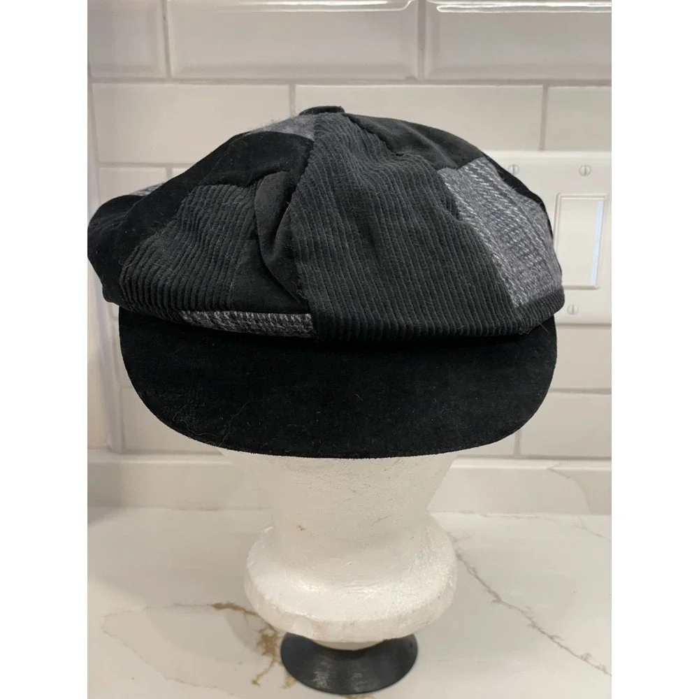Vintage Y2K Patchwork Newsboy Hat Cap Women Corduroy Tweed Black Wool Cotton New